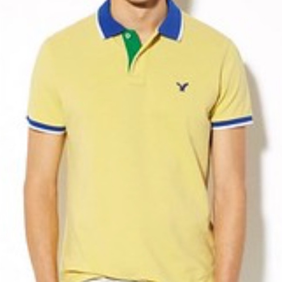 American Eagle 🦅 Yellow Polo Short Sleeve Shirt with Blue/Green Collar XXL - Picture 1 of 4